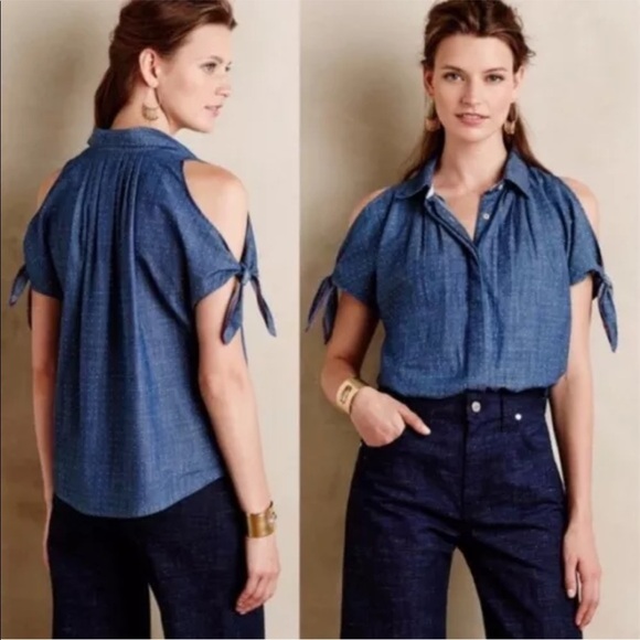 Anthropologie Holding Horses Western Chambray Cold Shoulder Button Down Top 12 - Picture 1 of 9